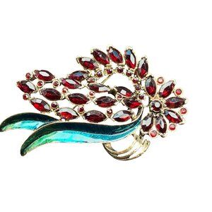 Monet Ruby Red Rhinestone Flower Brooch Pin Gold Tone signed Vintage Monet Red R